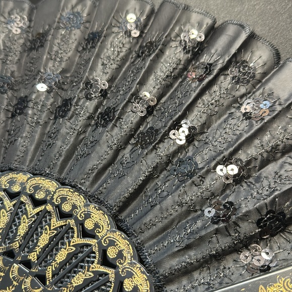 Pack of 6 - Elegantly Embroidered Handheld Fabric Fan with Sequins (Black) - Picture 12 of 14